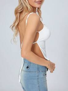 Womens Summer Mini Skinny Sling Vest Solid Color Sleeveless Backless Tie Up Crop Tops Spaghetti Strap Camisoles - trắng - Xem 7