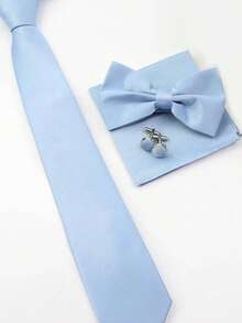 4pcs Men Business Formal Solid Color Tie & Bow Tie & Pocket Square & Cufflinks Combo Set, Suitable For Wedding, Ceremony And Daily WearMen Necktie - Baby Blue - View 2