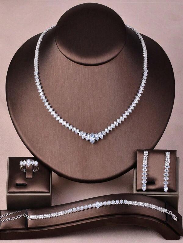 4pcs Silver-Plated Cubic Zirconia Jewelry Set - Earrings, Necklace, Bracelet, Ring, Gemstone Accessory Suitable For Party, Ball, Banquet