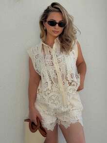 Jeta Ari Summer Oldmoney Vacation Elegant Low-End Luxury Exquisite Heavy Embroidered Lace Set - Apricot - View 6