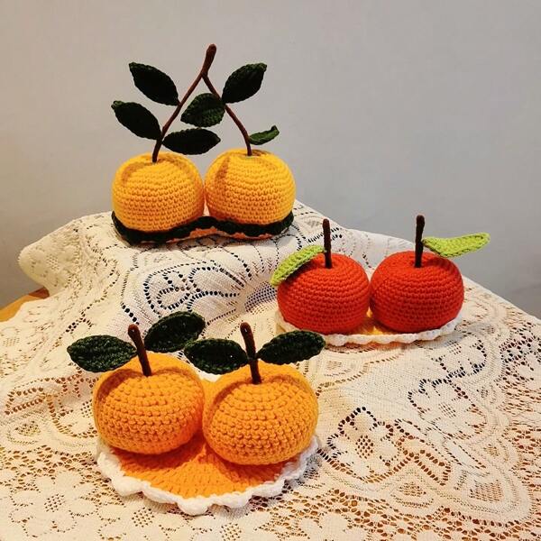 3D Crochet Decor With Green Leaves, Suitable For Holiday Table Decor, Office Desk, Car Accessories, Multi-Purpose Ornament, Fruit Theme, Holiday Gift,Fall Decor,Autumn Home Decor Halloween Decor Room Decor,Fake Plants
