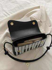 PU Material Versatile Casual Women's Shoulder Bag With Letter & Music Note Print - Black and White - View 8