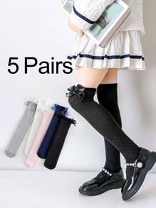 1 Pair Kids All Season Patterned Bow Decor Crew Length Socks