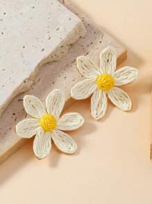 1 Pair Handmade Raffia Straw 6-Petal Flower Stud Earrings In Contrasting Colors Like Beige, Blue, Green, Pink - Bohemian Style, Suitable For Daily Wear