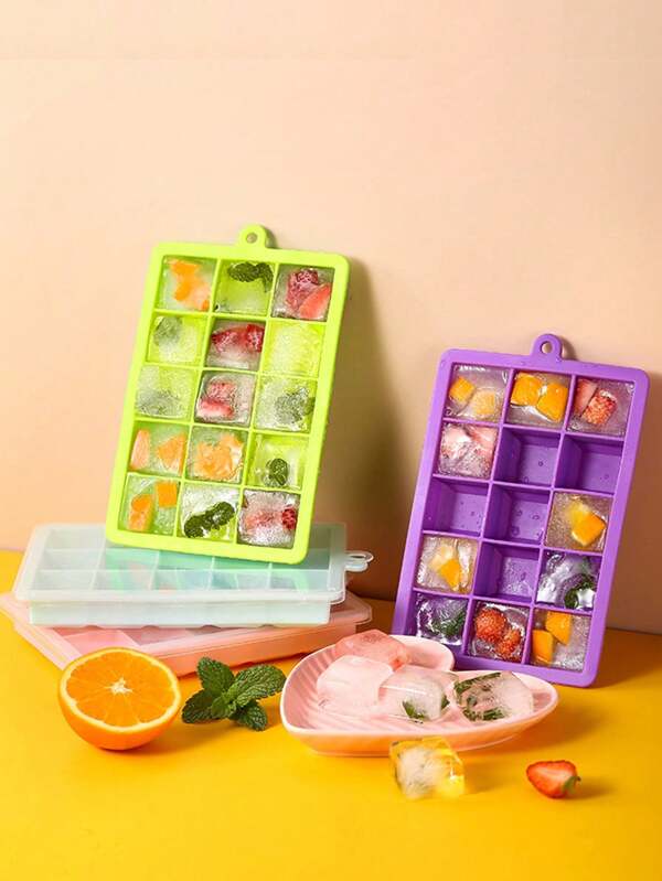 1pc Multi-Function 15-Grid Square Ice Cube Tray, Silicone Material With Plastic Lid, Reusable For Home Kitchen Bar Fridge To Make Ice Cubes, Jelly, Fruit Puree And Baby Food Storage