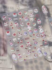 1张生日快乐主题美甲贴纸，蛋糕蜡烛图案，自粘式5D立体卡通贴纸，适合家庭美甲沙龙，女士DIY生日庆祝美甲用品，生日祝福美甲 - 彩色 - 查看 13