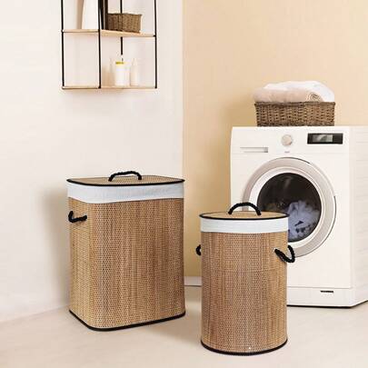 سلة غسيل من الخيزران بغطاء، سعة كبيرة قابلة للطي مع مقبض، توفير مساحة للتخزين في الحمام وغرفة الغسيل والنوم
