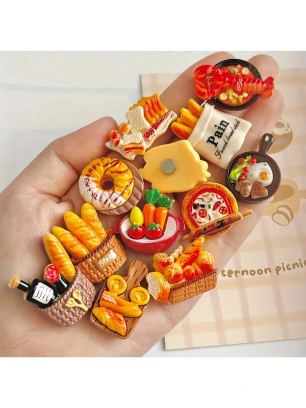 12 piezas de imanes para refrigerador con diseños de deliciosas comidas, pegatinas magnéticas decorativas creativas para la cocina, el hogar, la oficina y la pizarra blanca, con diversos modelos en miniatura de pan, pizza y pasteles falsos para el refrigerador y manualidades DIY