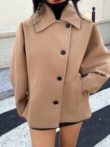 DEEKA Autumn/Winter New Wool Blend Short Coat, Oversized Loose Fit Petite Fashionable RetroOvercoatt - Khaki - View 6
