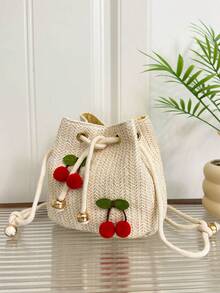 Bolso de hombro/bandolera de moda con diseño de fresa, bolso de cubo con cordón, bolso minimalista de cereza para ir al trabajo - Beis - Ver 6