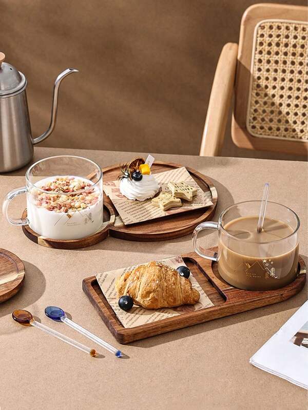 1 Set minimalistischer Glas Frühstücksbecher, Holztablett, großer transparenter Becherkörper, geeignet für Zerealien, Joghurt, Kaffeegetränke, tägliche Mahlzeiten, Nachmittagstee Fotografie, praktisches Geschenk für Freunde die Wert auf das Leben legen