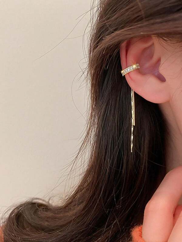 1 Pair Minimalist Rhinestone Decorated Long Tassel Clip On Earrings For Women