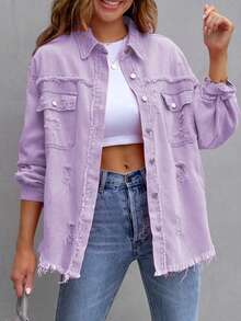 Women's Jeans Coat Ripped Distressed Denim Jacket Long Sleeve Button Down Boyfriend Jeans Coat Trucker Jacket - Purple - View 1