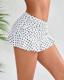 Halcurt Women's Low Waisted Ruched Ruffle Swim Skirts With Hipster Bikini Bottoms Tummy Control Swimsuit - 白色/圓點 - 查看 3