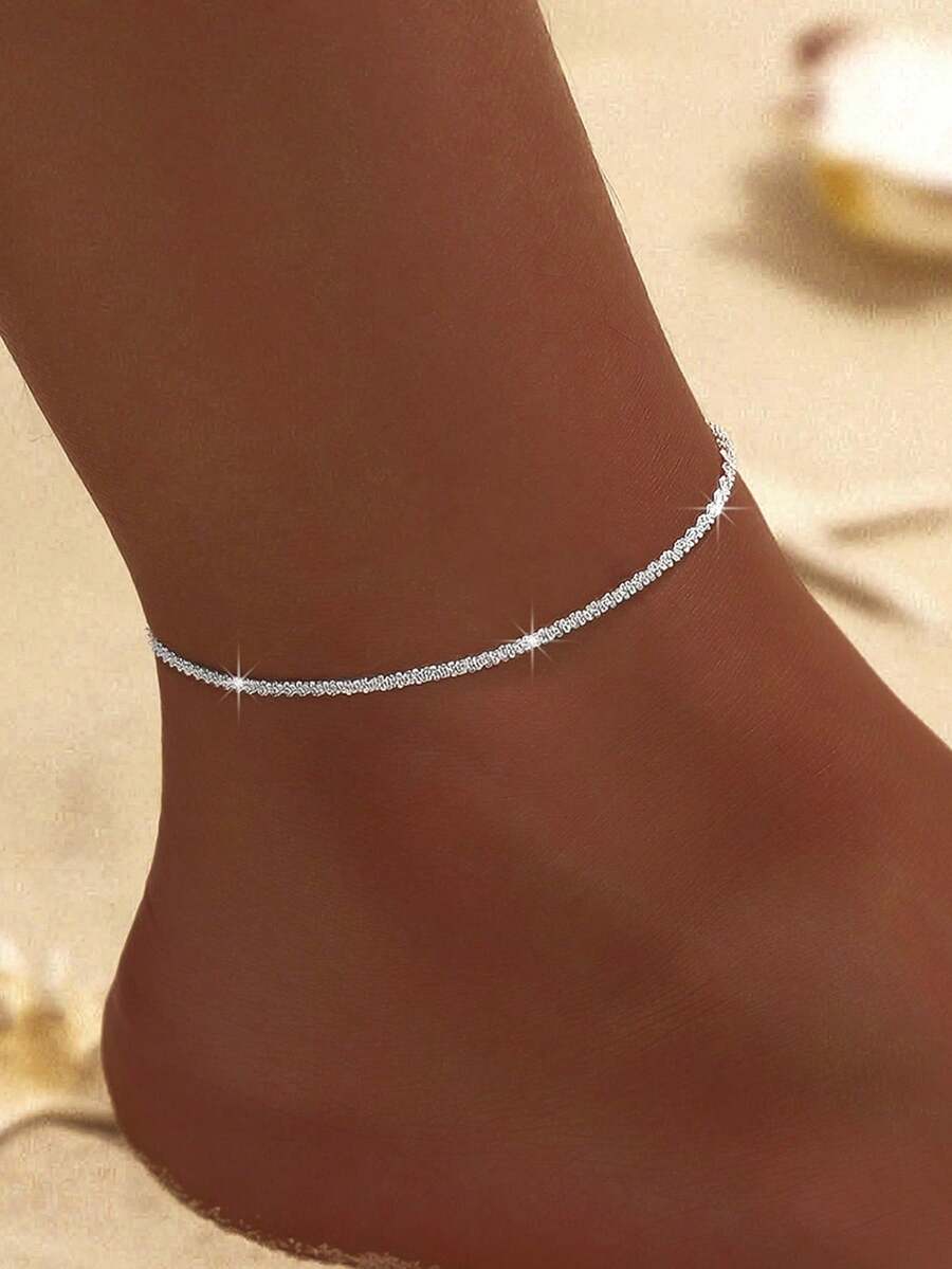 1pc Simple & Elegant Versatile Shimmering Silver Chain Anklet, Suitable For Daily, Vacation, Party Outfits