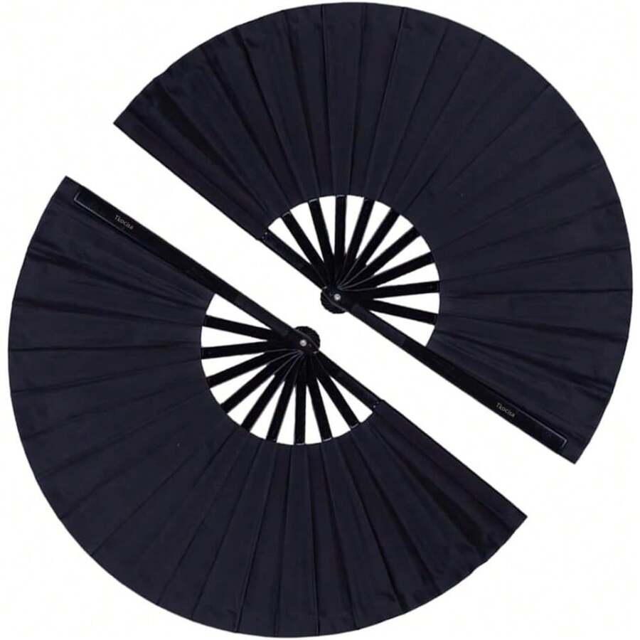 2 Pack Large Folding Hand Fan, Nylon-Cloth Vintage Retro Fabric Fans, Chinese Kung Fu Tai Chi Hand Fan For Men/Women, Festival, Dance, Gift, Performance, Decorations (Black) - 黑色 - 查看 1