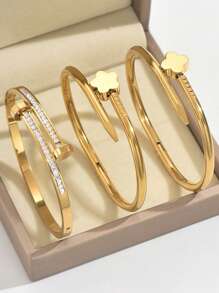 3pcs Stainless Steel Golden Bracelet Set 18K Vacuum Electroplating, Not Easy To Fade, Inlaid With Zirconia, Suitable For Daily Wear, Fashionable And Elegant Ladies' Bracelet Set Jewelry Gold Jewelry Jewelry Women Bracelets Accessories Women Stainless Steel Jewelry Bracelets For Women Western Jewelry