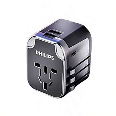 PHILIPS 轉換插頭轉換器SPS1001A/93 全球通用 快速充電 輕巧便攜 升級USB充電功率 一體兩用 安全鎖設計 美規A型插(110-127V)