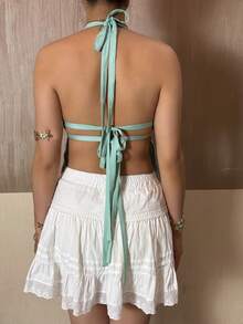 Women Y2k Summer Halter Sequin Tops Backless Tie Backless Crop Tank Tops Sparkly Graphic Print Camisole Deep V Neck Slim Fit Going Out Tops Clubwear Vintage Streetwear Aesthetic Clothes - 綠色 - 查看 2