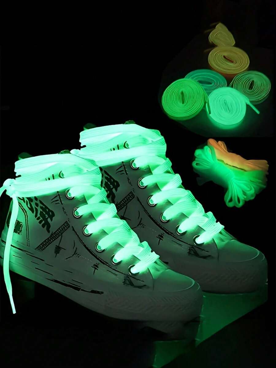 Radiant Glow-In-The-Dark Flat Luminous Shoelaces - Perfect For Low Top Canvas Shoes, Sneakers, And Casual Shoes - Sports Laces For Women Couples Matching Accessory Cute Boots Accessories Wedding Shoes For Bride Heels - Multicolor - View 1