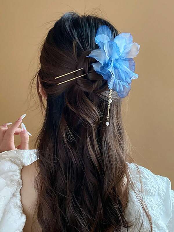 1 peça grampo de cabelo estilo coreano com pingente de flor de chiffon retrô em forma de borboleta com folha murcha, grampo de cabelo com borla, grampo de cabelo e aplique de pérola falsa, acessórios para cabelo, grampos de cabelo, extensão de coque, fabricante de coque, grampos para cabelo, aplique de coque, grampos para penteado