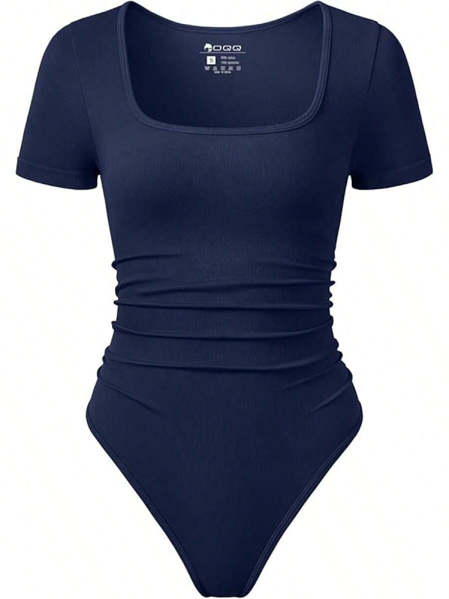 OQQ Women Bodysuits Ruched Short Sleeve Square Neck Stretch Lounge Travel Bodysuits - Nave Blue - View 1