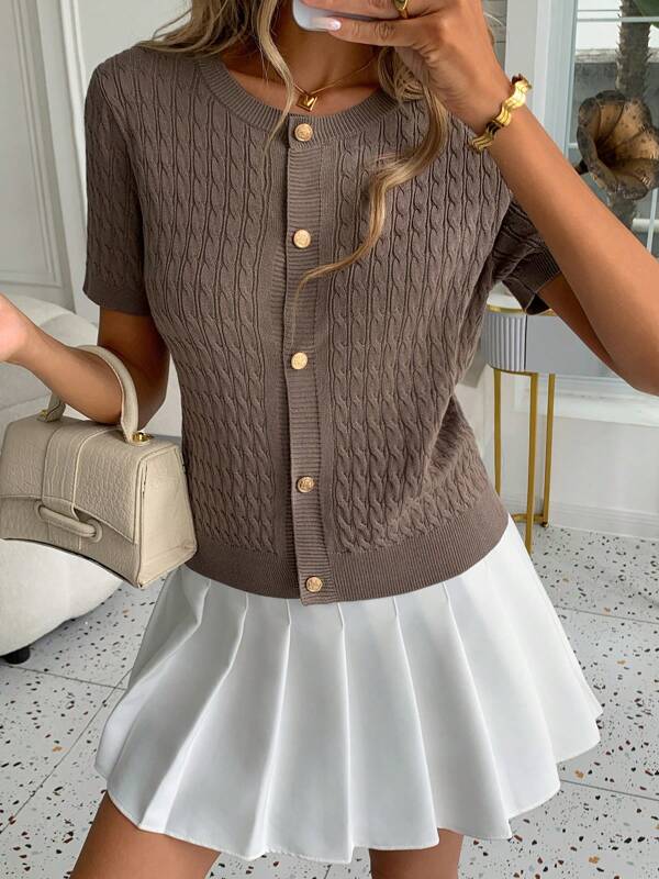 Women's Olive Green & White Cable Cardigan - Open Front Button Detail Short Sleeve Cropped Sweater Vest, Medium Stretch H-Silhouette For Spring Summer Fall Layering, Sweater Cardigan, Seasonal Fashion, Textured Design