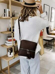 A Crossbody Bag With Tassels Bags For Women Fashion Lightweight Large Capacity Crossbody Bags For Women Tassel Decor Square Bag With Adjustable Shoulder Strap Minimalist Casual Small Zipper Vintage Shoulder Bag Clutch Purse For Lady - Coffee Brown - View 4
