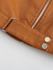 Women's Short Jacket Spring Autumn Stand Collar Thin Faux Leather Jacket D02 - Camel - View 7
