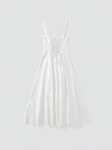 Fashionable Casual Women's Spaghetti Strap Dress, Slim Fit Shoulder-Baring Split Front Long Bodycon Dress - White - View 5