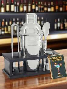 Professional Cocktail Shaker Set 8-Piece Silver & Black Walnut Stand Bar Kit + Accessories - Silver - Black - View 1