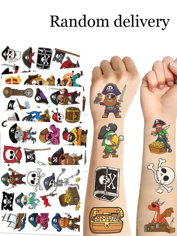 Nouveaux autocollants de pirates 2025, autocollants temporaires drôles de dessins animés pour garçons et filles - durent 2 à 5 jours, autocollants imperméables amusants pour bras, fête, ordinateur, livre, trousse, retour à l'école, pizza, dessert, déguisement DIY, jouets intéressants, décoration de fête de vacances, sacs cadeaux