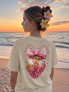 1 pieza Camiseta de manga corta y cuello redondo informal con estampado para niñas adolescentes, estampados de personajes de moda coloridos que inspiran la imaginación y la autoexpresión, ropa de estudiante de verano