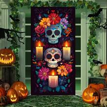 1 件骷髅万圣节门饰 - 涤纶材质，骷髅头和蜡烛，营造诡异氛围，35.4 英寸 * 70.8 英寸，适用于卧室、客厅、浴室、厨房门、窗户装饰。适用于家居、办公室、浴室派对、万圣节装饰、节日派对装饰，耐用派对装饰 - 彩色 - 查看 4