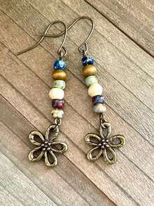 2pcs Floral Natural Stone Earrings, Boho Metal Colorful Pendants, Women's Daily Party Casual Outfits Accessories