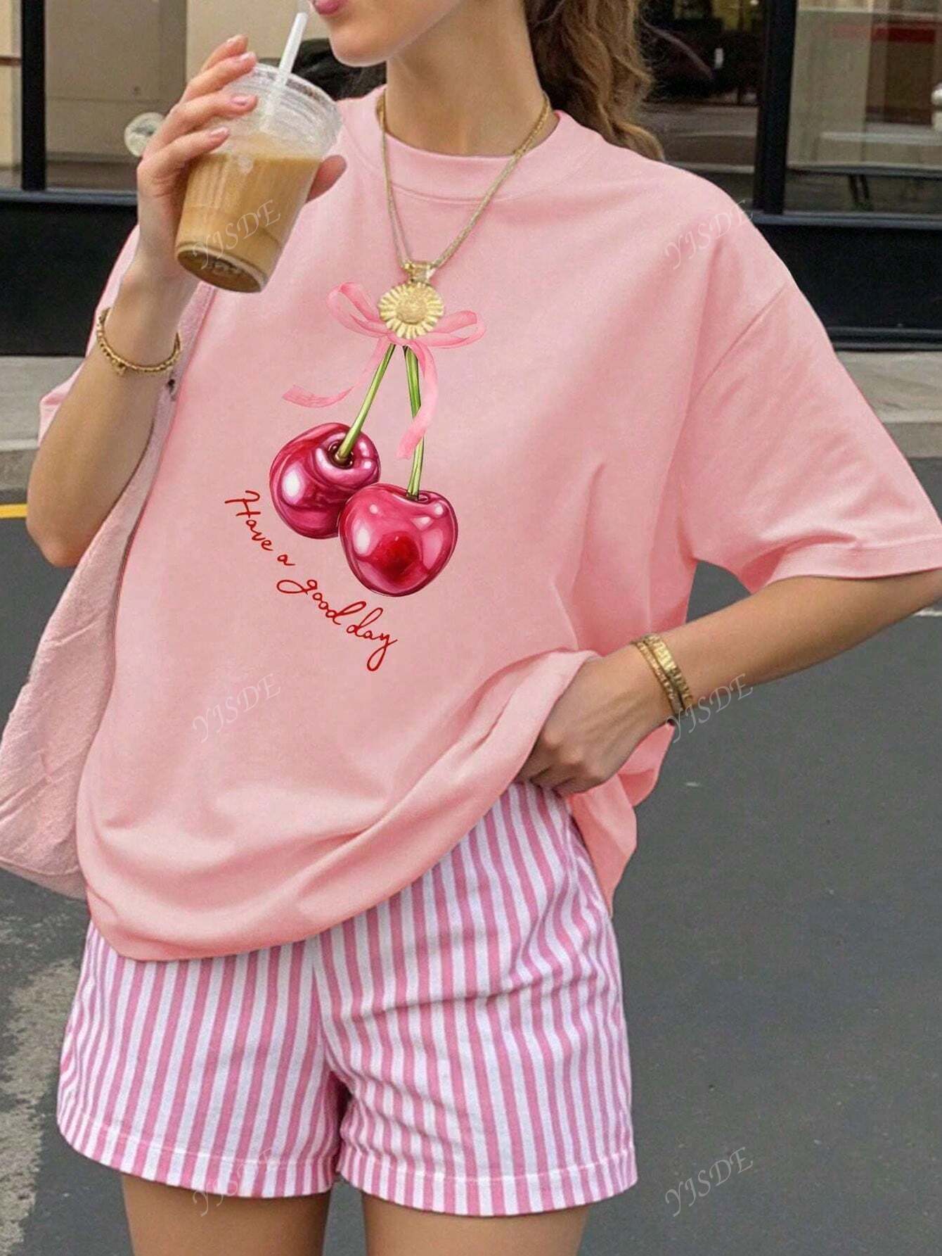 F14 STYLE Pink Cherry Graphic Summer Tee image