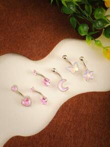 6pcs Y2K Baddie Combo - Butterfly/Star Moon Multielement, Colorful Zirconia, Hypoallergenic Adjustable Bar, Pure Style Belly Button Rings, Music Festival & Beach Party Accessories