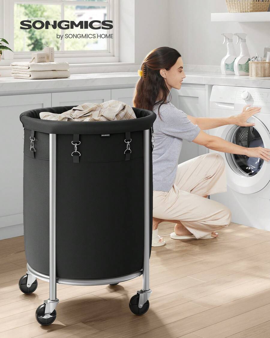 SONGMICS Laundry Basket With Wheels, Rolling Laundry Hamper, 29 Gal., Round Laundry Cart With Steel Frame And Removable Bag, 4 Casters And 2 Brakes - 黑色 - 查看 1