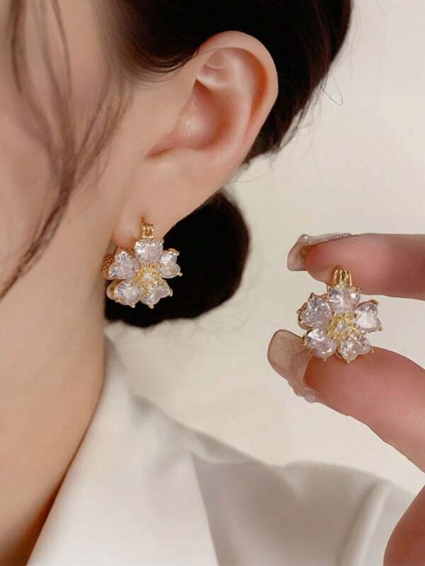 1 Pair Cat Eye Stone & Zirconia Flower Stud Earrings, Fashionable Versatile Moonlight Lotus Flower Earrings, Suitable For Daily Wear, Events, Gift For Girlfriend, Mother, Holiday