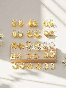 10 Pairs Assorted Gold Color Moon, Teardrop, Flower, Starfish, Seashell Earrings, Suitable For Summer Beach, Valentine's Day, Teacher's Day, Mother's Day, Back To School, Christmas, Halloween, Gifts - Lucky Earrings - View 7