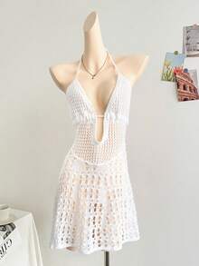 女士夏季白色连衣裙度假沙滩泳衣女士高端超性感温泉新款，露背吊带，情人节连衣裙 - 白色 - 查看 3