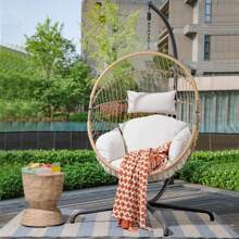 Silla colgante tipo huevo para interiores y exteriores con soporte, silla colgante tejida con cuerda con forma de capullo sobredimensionada, cojín, correa de seguridad, silla de hamaca plegable de mimbre para terraza, jardín, dormitorio (Blanco crema)