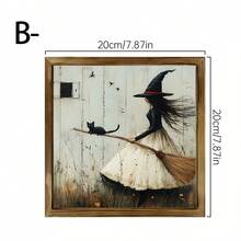 1 PIEZA Decoración de pared de madera de estilo vintage de granja para Halloween - Gato brujo con escoba, murciélago y silueta de calabaza - Decoración de madera natural para interiores/exteriores - Ideas de regalo únicas, para el hogar, la oficina o la cafetería, regalo perfecto para fiestas y vecinos, decoraciones de Halloween