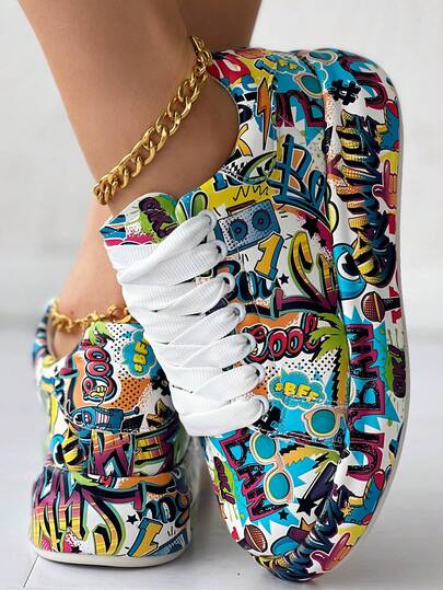 Women's Colorful Graffiti Print Low-Top Sneakers - Breathable Synthetic Cover Casual Shoes With Rubber Sole, Lace-Up Design, All-Season Comfort For Casual Attire, Casual Sneakers | Playful Design Shoes | Durable Casual Shoes