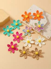 1 Pair Handmade Raffia Straw 6-Petal Flower Stud Earrings In Contrasting Colors Like Beige, Blue, Green, Pink - Bohemian Style, Suitable For Daily Wear