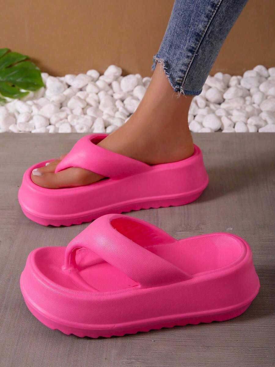 1 paire de tongs femme originale style sport d'été cool, plage, décontracté, extérieur, antidérapante, avec semelle plateforme épaisse en EVA, sandales de plage pour femme - Rose vif - Voir 1