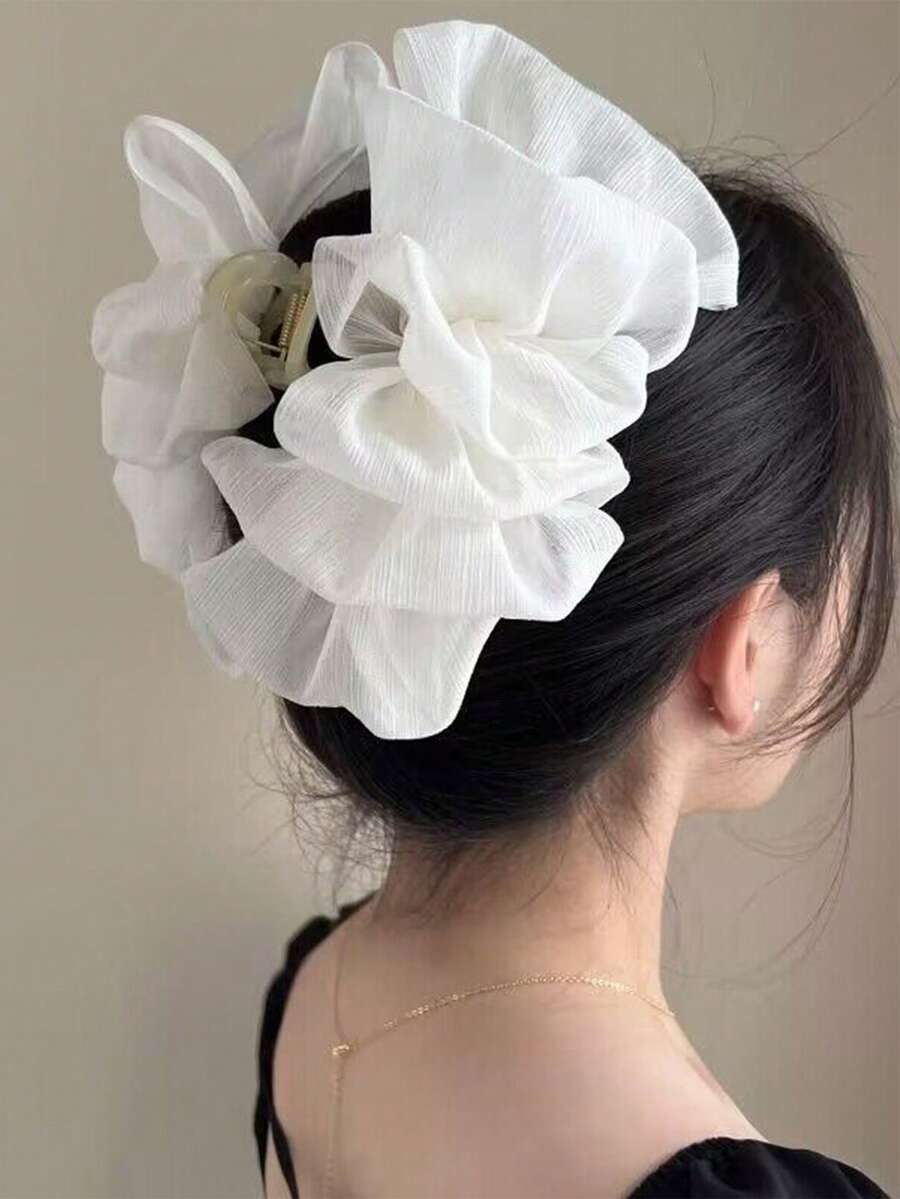 1个女士纯色亮面欧根纱超大蝴蝶结发夹，优雅时尚配饰，适合日常佩戴（发夹尺寸：13厘米-15厘米），优雅爪夹，节日必备发饰 - 白色 - 查看 1