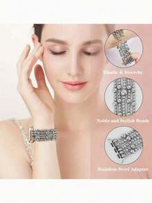 Beaded Bracelet Compatible With Apple Watch Band 41mm 40mm 38mm 42mm 44mm 45mm 49mm Women, Golden Beads , Cute Handmade Elastic Stretch Strap For Series SE 9 8 7 6 5 4 3 2 1,Couple Gifts,Gold Bracelet Set - 銀色串珠 - 查看 4