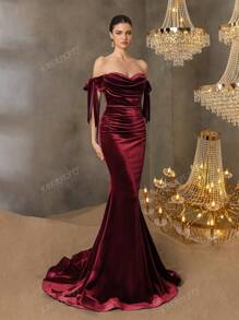 Vestido de noche de sirena de lujo con un solo hombro, con volantes en cascada y detalles de moño - Vestidos de gala formales para eventos de alfombra roja, bodas de lujo, estrenos de teatro, galas benéficas y galas formales, vestido de fiesta, invitado de boda