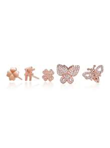 Folli Follie 5pcs Rose Gold-Tone Butterfly Stud Earrings For Women Stainless Steel Zirconia Earrings Butterfly /Heart-Shaped/Clover Earring Jewelry Set Creative Gift For Women